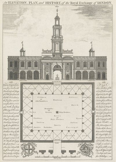 En höjd, plan och historia av Royal Exchange of London av John Donowell