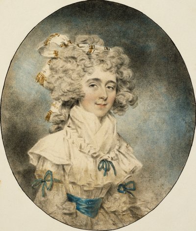 Porträtt av Mrs. Fisher, halvlängd, i en vit klänning prydd med blå band, 1788 av John Dowman