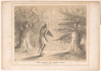 Spotprent träffade Lord Russell als Tancredi Tancred in i den förtrollade skogen. Se Jerusalem levererat. Canto XIII (titel på objekt) HB Sketches (serietitel på objekt) av John Doyle