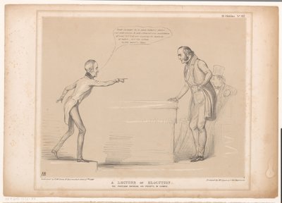 Spotprent träffade Roebuck en Lord Bentinck En föreläsning om elokution. Professorn som upprätthåller sina föreskrifter genom exempel (titel på objekt) HB Sketches (serietitel på objekt) av John Doyle