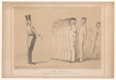 Spotprent träffade premier Peel als militaire instructeur Borren. Avvisa - som du var (stadig där i den bakre rangen.) (titel på objekt) HB Sketches (serietitel på objekt) av John Doyle