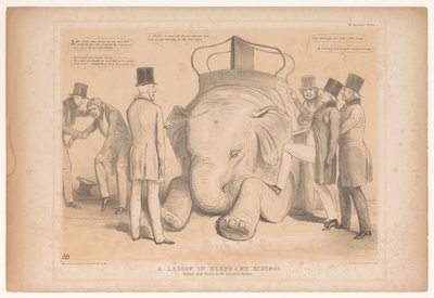 Spotprent över de aanstelling av Henry Hardinge som guvernör i Indien En lektion i elefantridning! Studerade från Nature in the Zoological Gardens (titel på objekt) HB Sketches (serietitel på objekt) av John Doyle