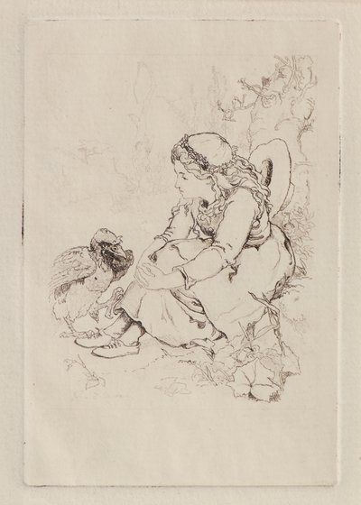 Sittande flicka och stor fågel (etsning) av John Duncan