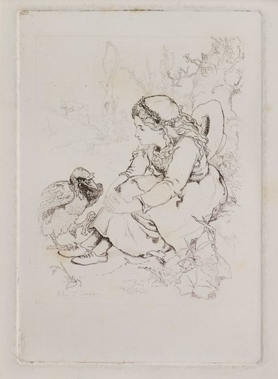Sittande flicka och stor fågel (etsning) av John Duncan