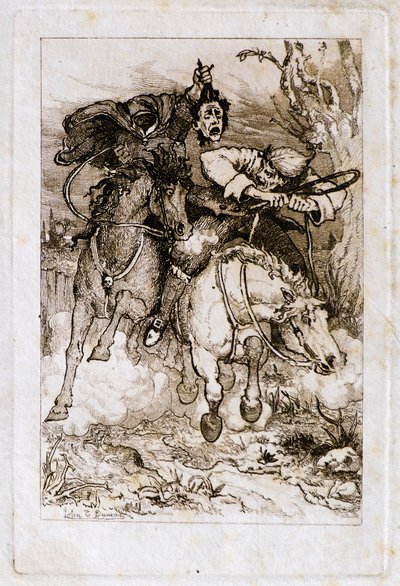 Två galopperande ryttare [en bär sitt eget huvud] (etsning) av John Duncan