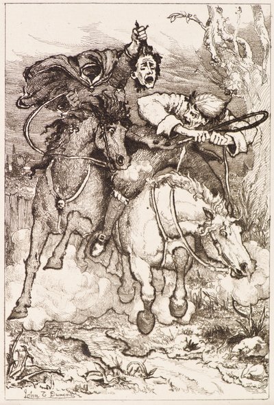 Två galopperande ryttare [en bär sitt eget huvud] (etsning) av John Duncan