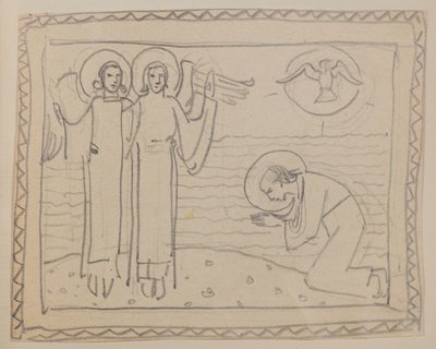 Utan titel [Knästående figur och två änglar] (penna) av John Duncan
