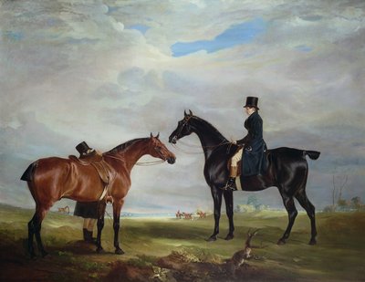 Frank Hall står på sin svarta jägare med en brudgum och en andra häst av John E. Ferneley