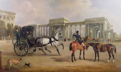 Mr. Massey Stanley med cabriolet och hacks på Hyde Park Corner, 1833 av John E. Ferneley