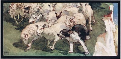Bobtail fårhund och flock på klippor, illustration från "Hjälparna utan händer" av Gladys Davidson, publicerad 1919 (färg litho) av John Edwin Noble