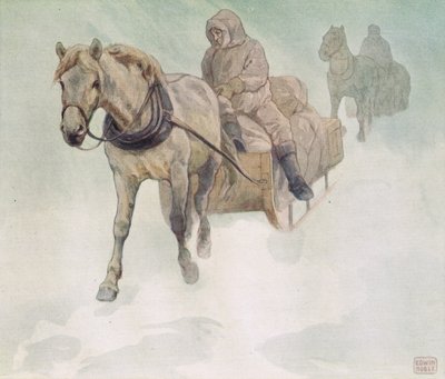 Hästdragen släde, illustration från "Hjälparna utan händer" av Gladys Davidson, publicerad 1919 (litho i färg) av John Edwin Noble