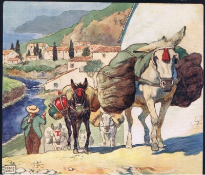 Mulor på ett spanskt pass, illustration från "Hjälparna utan händer" av Gladys Davidson, publicerad 1919 (lito i färg) av John Edwin Noble