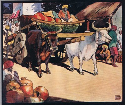 Oxar som drar en vagn, illustration från "Hjälparna utan händer" av Gladys Davidson, publicerad 1919 (litho i färg) av John Edwin Noble