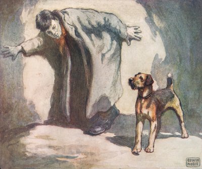 Polishund på jobbet, illustration från "Hjälparna utan händer" av Gladys Davidson, publicerad 1919 (litho i färg) av John Edwin Noble