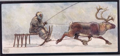Renar och släde, illustration från "Hjälparna utan händer" av Gladys Davidson, publicerad 1919 (lito i färg) av John Edwin Noble