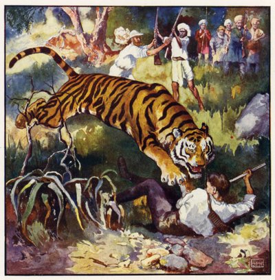 Nästa ögonblick såg jag honom falla baklänges under tigern (färg litho) av John Edwin Noble