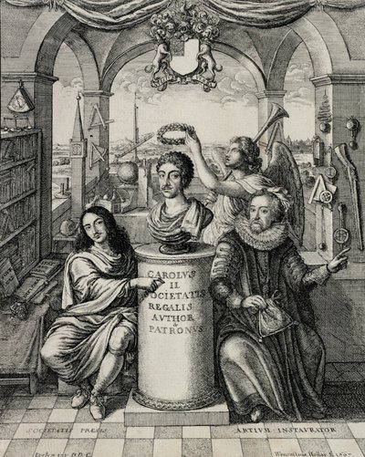 Karl II (1630-85) som beskyddare av Royal Society, graverad av Wenceslaus Hollar (1607-77) 1667 av John Evelyn
