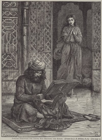 Zobeide upptäcker den unge mannen som reciterar Koranen (gravyr) av John Everett (after) Millais
