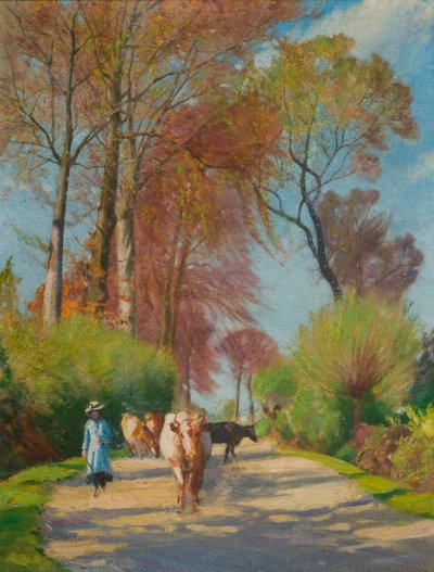 Country Lane med figur och ko (olja ombord) av John Everett