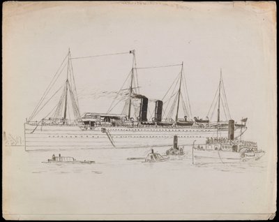PAH1225; Ångfartyg nära en kust med bogserbåt bredvid. Passagerarfartyg med bogserbåt och hjulångaren Tilbury i närheten (teckning) av John Everett
