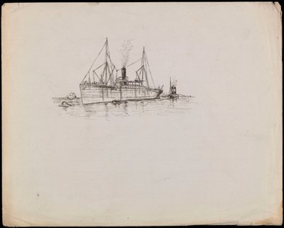 PAH1225; Ångfartyg nära en kust med bogserbåt bredvid. Passagerarfartyg med bogserbåt och hjulångaren Tilbury i närheten (teckning) av John Everett