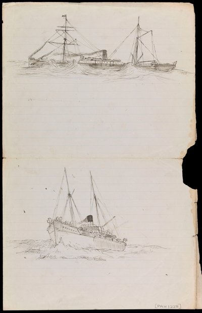 PAH1228; Skisser av ett slagskepp och två andra fartyg från Royal Navy (teckning) av John Everett