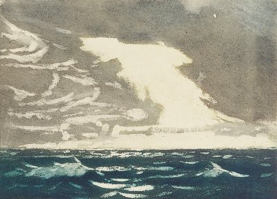 Havslandskap - grönt hav och stormig blågrå himmel 2, 1900-talet (färgad akvatint) av John Everett