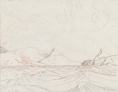 Havslandskap med fartyg som passerar land (1), tidigt 1900-tal (grafit, brun krita) av John Everett