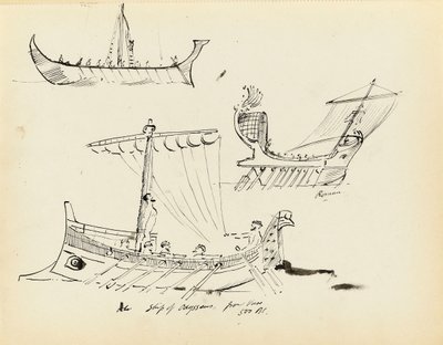 Skisser av tidiga fartyg, bl.a. ett romerskt fartyg med segel och åror och Odysseus skepp, 500 f.Kr (från en vas), tidigt 1900-tal (penna, svart bläck) av John Everett