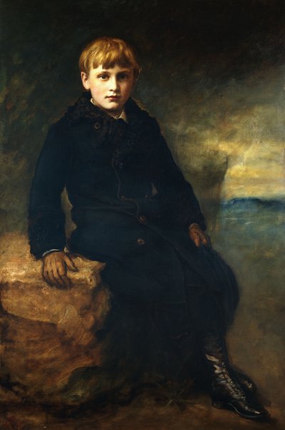 Porträtt av Cecil Webb, sittande i full längd, iklädd en svart kappa med pälskrage, 1887 av John Everett Millais
