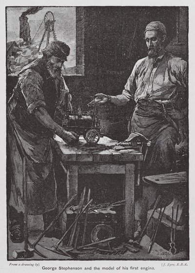 George Stephenson och modellen av hans första motor (färglitografi) av John Eyre