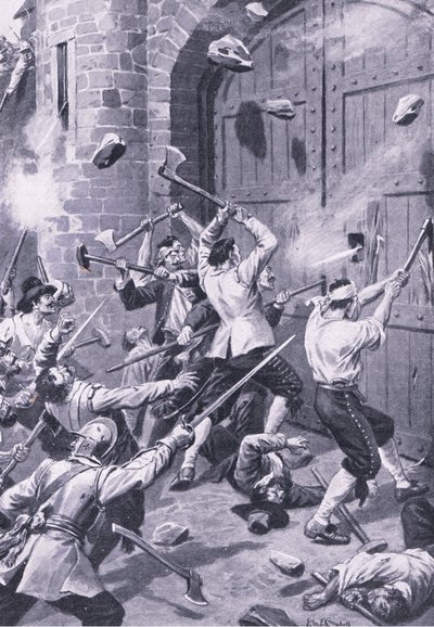 Plundringen av Dundee 1 september 1651: Engelska sjömän attackerar Wellgate Port, illustration från 