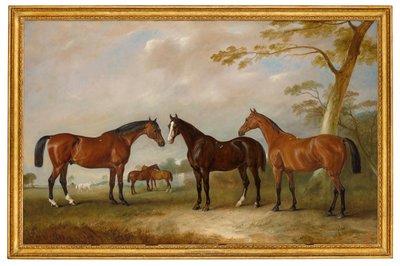 Intrepid, Conqueror och Bay Bolton med Silkman och Darnley bortom i ett landskap av John Ferneley