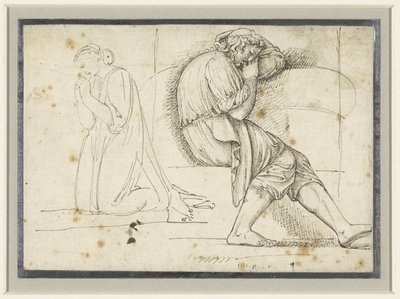 Studieblad med en sovande ung man och en knästående bedjande kvinna av John Flaxman (II)