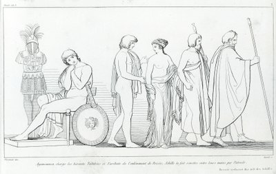 Agamemnon anklagade härolderna Taltibius och Euribat för bortförandet av Briseis; Achilles fick den överlämnad till deras händer av Patrocles. Teckning av John Flaxman (1755 - 1826). Homeros Iliaden. Sjunger I av John Flaxman