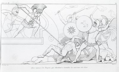 Ajax stöter bort trojanerna som försöker bränna de grekiska skeppen. Teckning av John Flaxman (1755 - 1826). Homeros Iliaden. Sång XV. av John Flaxman