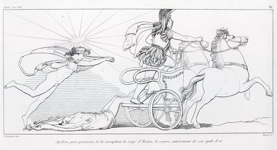 Apollo, solens gud, för att bevara Hectors kropp täcker honom helt och hållet med hans gyllene aegis. Sång XXIV. Teckning av John Flaxman (1755 - 1826). Homeros Iliaden. av John Flaxman