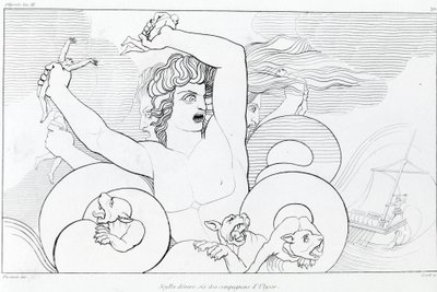 Avsnitt av Charybde och Scylla: sex av Ulysses följeslagare slukas. Teckning av John Flaxman (1755 - 1826). Homeros Odyssey. Sång XII. av John Flaxman