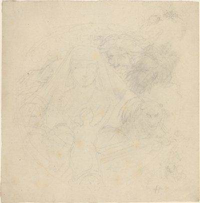 Figur sedd bakifrån ber till ett uppenbarelse av ett huvud med lejon nedan av John Flaxman