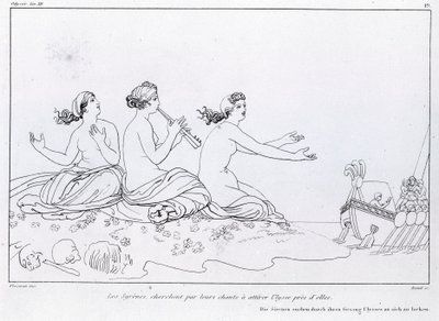 Sjöjungfrur försöker med sin sång att locka till sig Ulysses. Teckning av John Flaxman (1755 - 1826). Homeros Odyssey. Sång XII. av John Flaxman