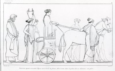 Nausicaa, som precis träffat Ulysses, tar honom tillbaka till sin fars palats, kung Alkinoos. Teckning av John Flaxman (1755 - 1826). Homeros Odyssey. Sång VI. av John Flaxman