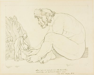 Polyfemos ber Odysseus om mer vin av John Flaxman