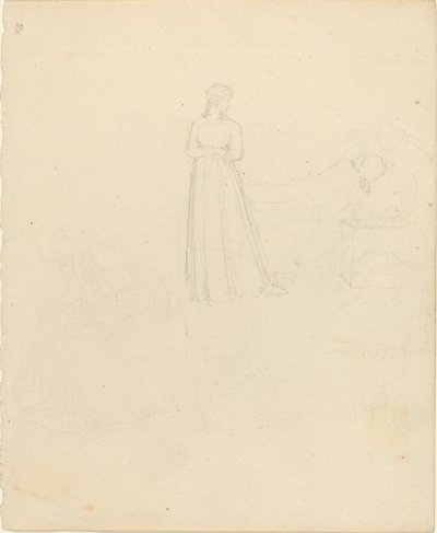 Stående kvinnlig figur som tittar på liggande och sittande figurer av John Flaxman