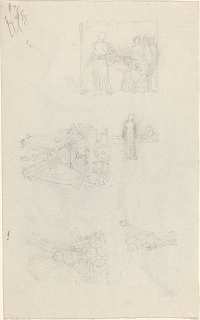 Studier av en sjuksäng och dekorationer för fasaden på Buckingham Palace [recto and verso] av John Flaxman