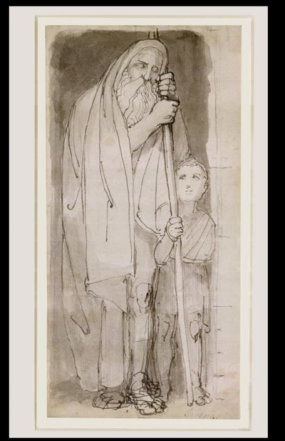 Den blinde Tiresias och en pojke (penna  bläck och lavering över blyerts på papper) av John Flaxman