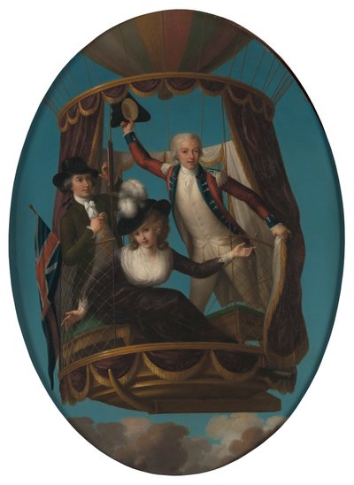 Kapten Vincenzo Lunardi med sin assistent George Biggin och fru Letitia Anne Sage i en ballong av John Francis Rigaud
