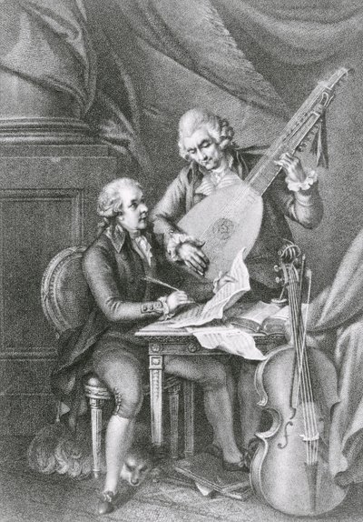 Porträtt av Franz Joseph Haydn (1732-1809) och Wolfgang Amadeus Mozart (1756-91) som komponerar musik för luta, graverat av Michele Benedetti (1745-1810) av John Francis Rigaud