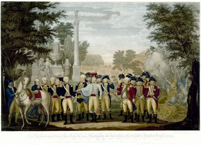 Britterna överlämnade sina vapen till general Washington efter deras nederlag i York Town i Virginia oktober 1781, 1819 (handfärgad kopparstick) av John Francis Renault