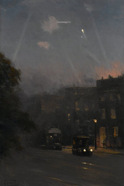 En Zeppelinräd, 8 oktober 1915, ca 1915-18 (olja på duk) av John Fraser
