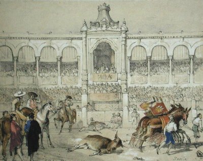 Sevilla tjurfäktning: Att ta bort den döda tjuren från ringen, från 